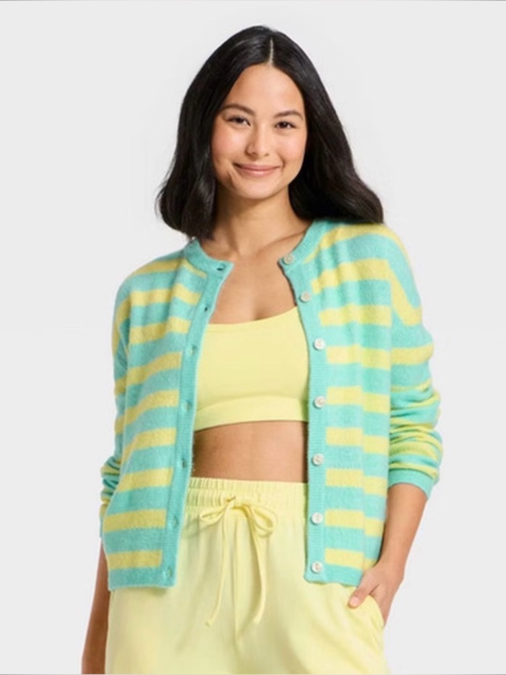 Joylab Striped Aqua and Yellow Button-Up Women's Cardigan NWOT XXS